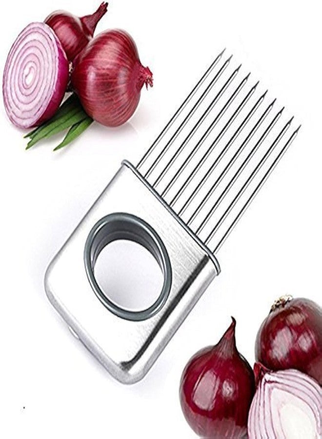 we3 Stainless Steel, Plastic Onion Holder Cutter Slicer Vegetable Tools Tomato Cutter, Silver - Image 1